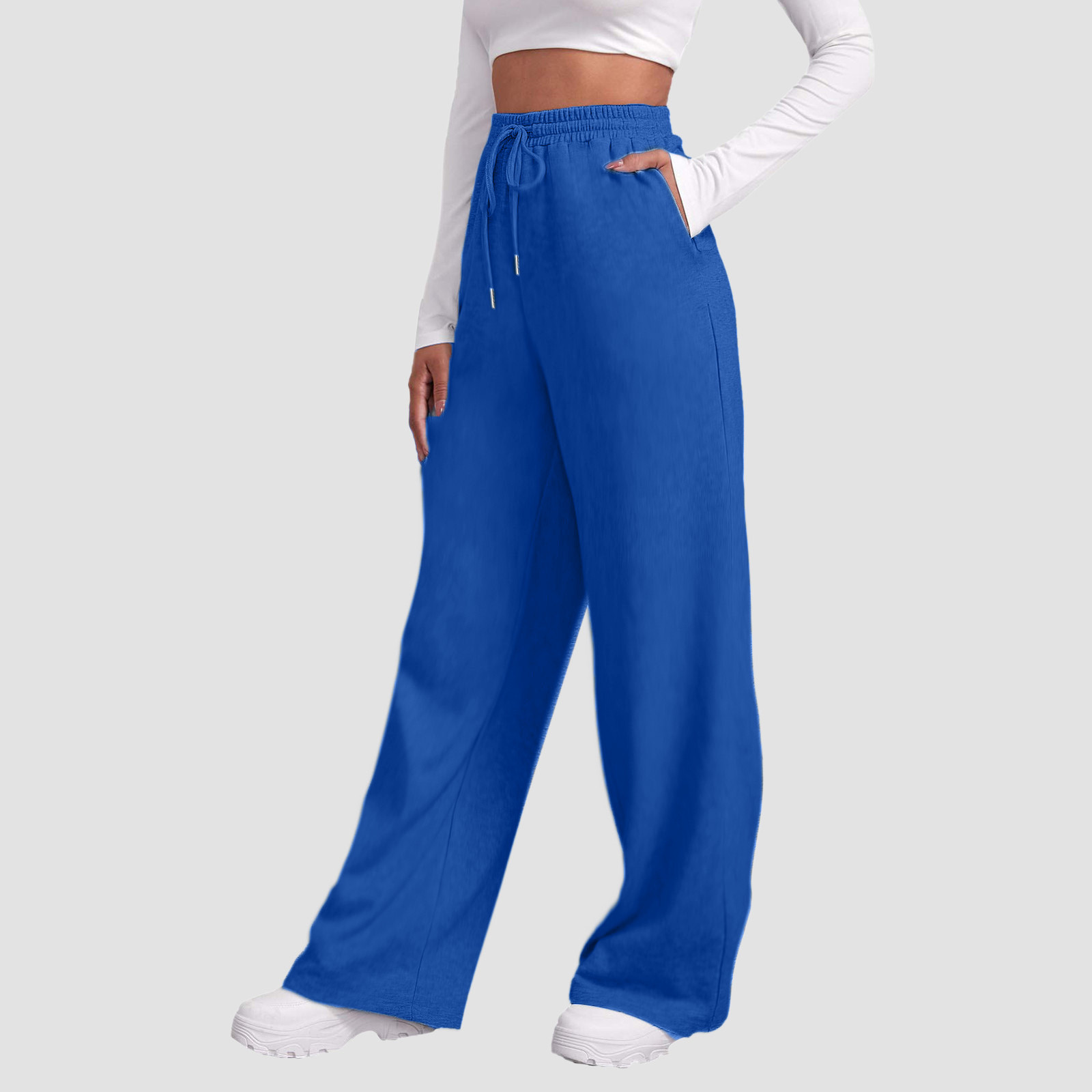 thumbnail image 3 of Pantalones de chándal de cintura alta para mujer - Forro polar, pierna ancha y recta - Poliéster ligero con bolsillos - Informal/deportivo/vacaciones - Tallas S-XXXL, 3 of 7